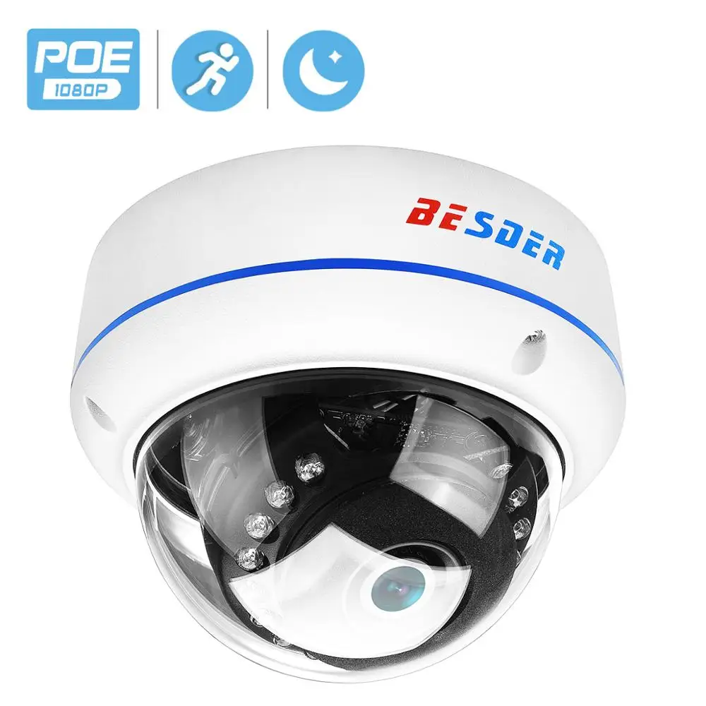 

BESDER 2MP HD 1080P IP Camera H.265 Security Home 1080P indoor Explosion-proof Metal Dome Cam CCTV Onvif P2P 48V POE RTSP XMEye