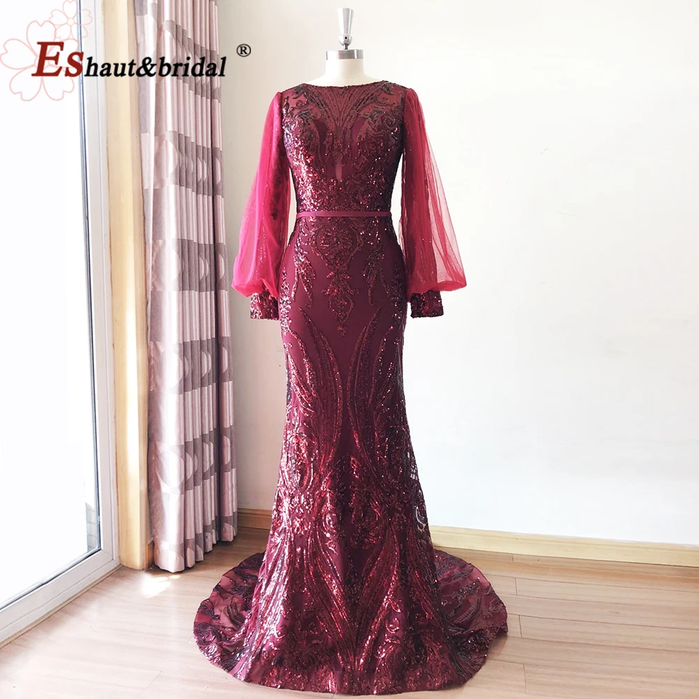 Elegante Muslimischen Dubai Meerjungfrau Abend Nacht Kleid für Frauen 2023 O Neck Lange Puff Ärmeln Pailletten Formale Prom Hochzeit Party kleider