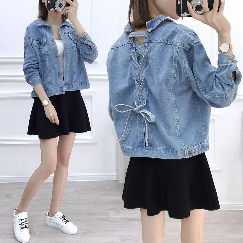 

Denim jacket female spring and autumn loose Korean style bf short jacket top student fashion lacing denim jacket A562