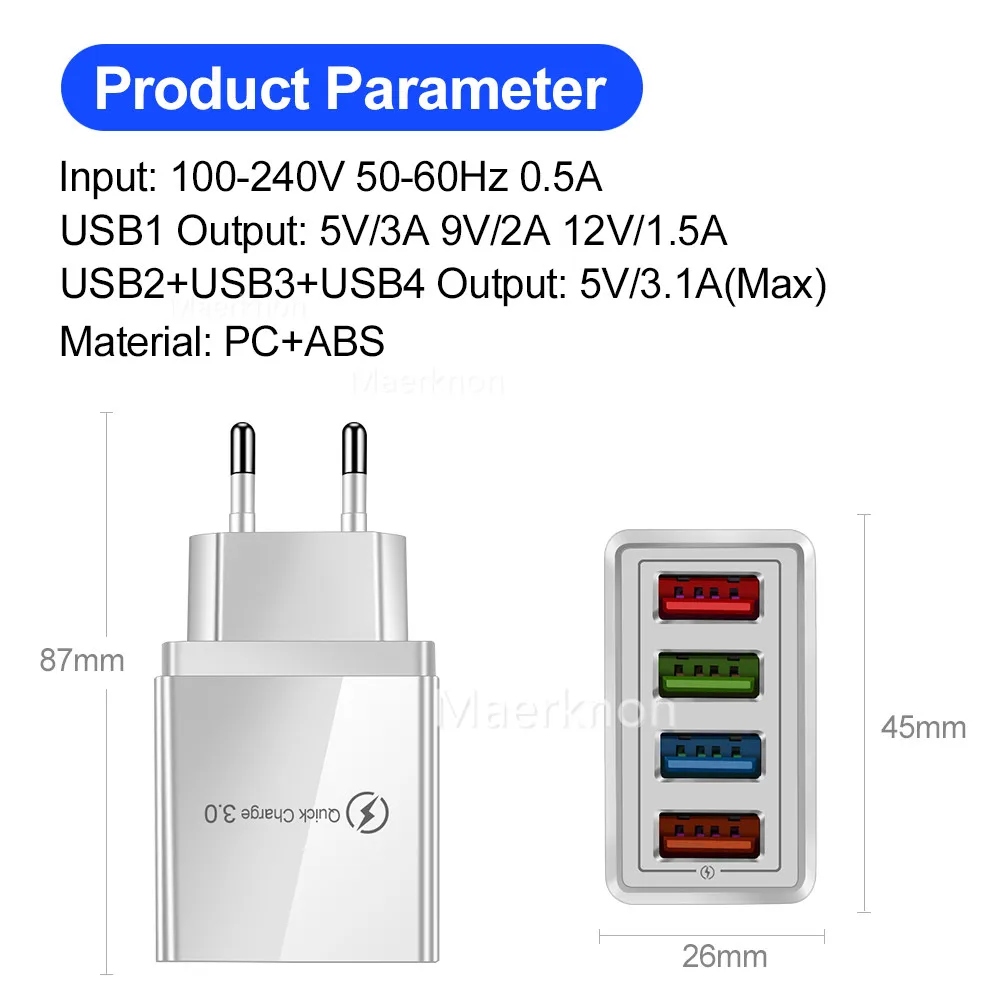 USB Charger Quick Charge 3.0 4 ports Phone Adapter For Huawei iPhone 12 xiaomi Tablet Portable Wall Mobile Charger Fast Charger