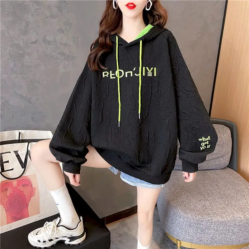 Autumn New Embroidery Hoodies Womens Fashion Loose Large Size Hoodie Korean Trendy Thin Long-sleeved Versatile Hooded Sweatshirt