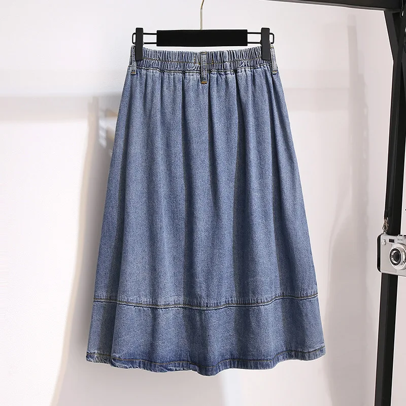 New 2021 Spring Autumn Plus Size Women Denim Midi Skirt For Women Large Casual Cotton A-line Blue Button Skirts 4XL 5XL 6XL 7XL