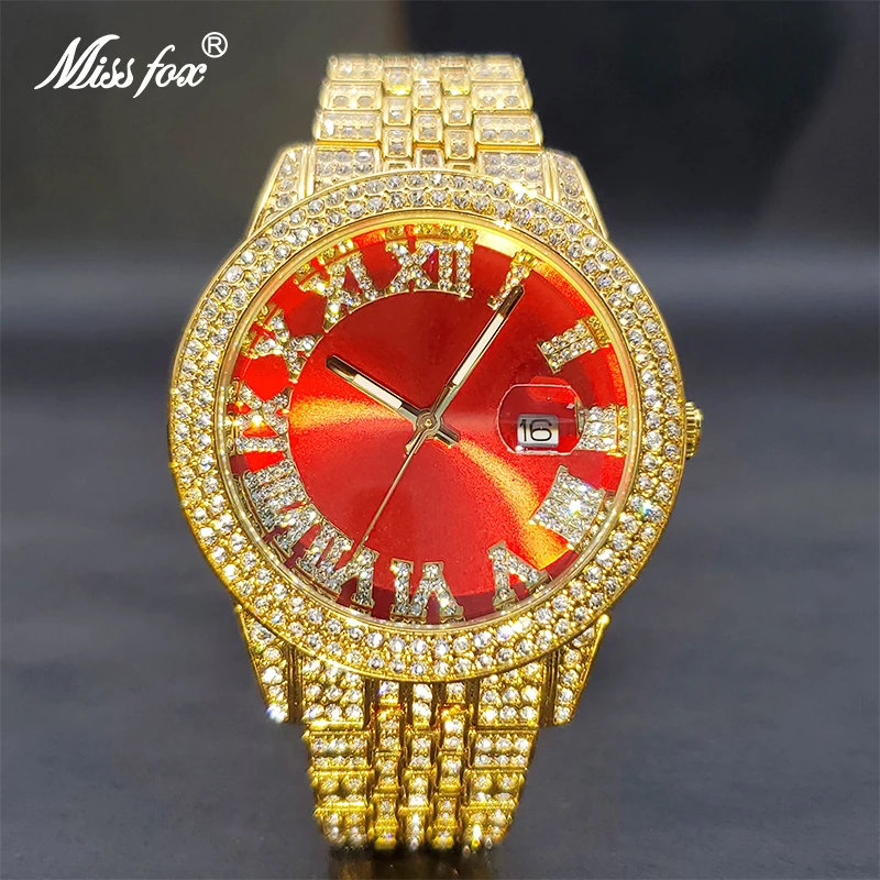 MISSFOX Ladies Watch Charming Diamond Red Watches Waterproof Stainless Steel Bling Bracelet Evening Dress Quartz Wristwatches