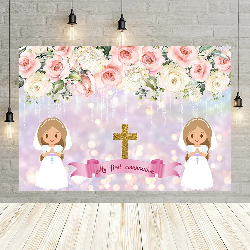 

Mehofond Photo Background Floral Yellow Cross for Lovely Girl's First Communion Banner Photography Backdrops Photocall Props