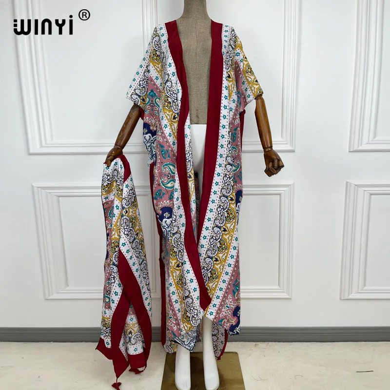 2021 WINYI new Cotton Bikini Sweet Lady Pink Boho Print Self Belted Front Open Long Kimono Dress Beach Tunic Women Wrap Dresses