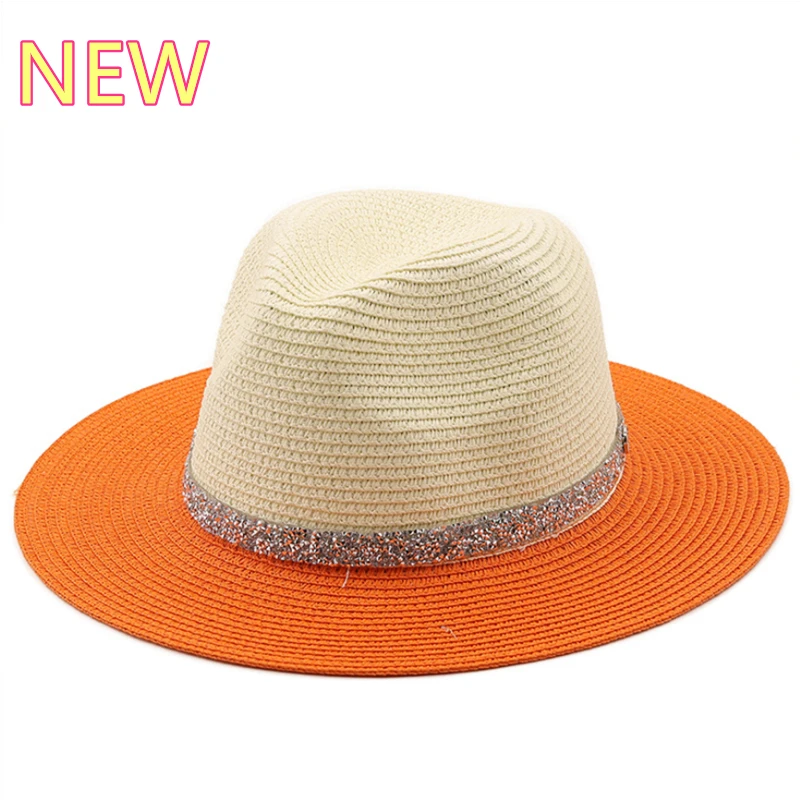 Topi Matahari Bertepi Besar Topi Jerami Jazz Panama Dua Warna Jahitan Wanita Topi Pantai Luar Ruangan Musim Panas Topi Perjalanan Santai