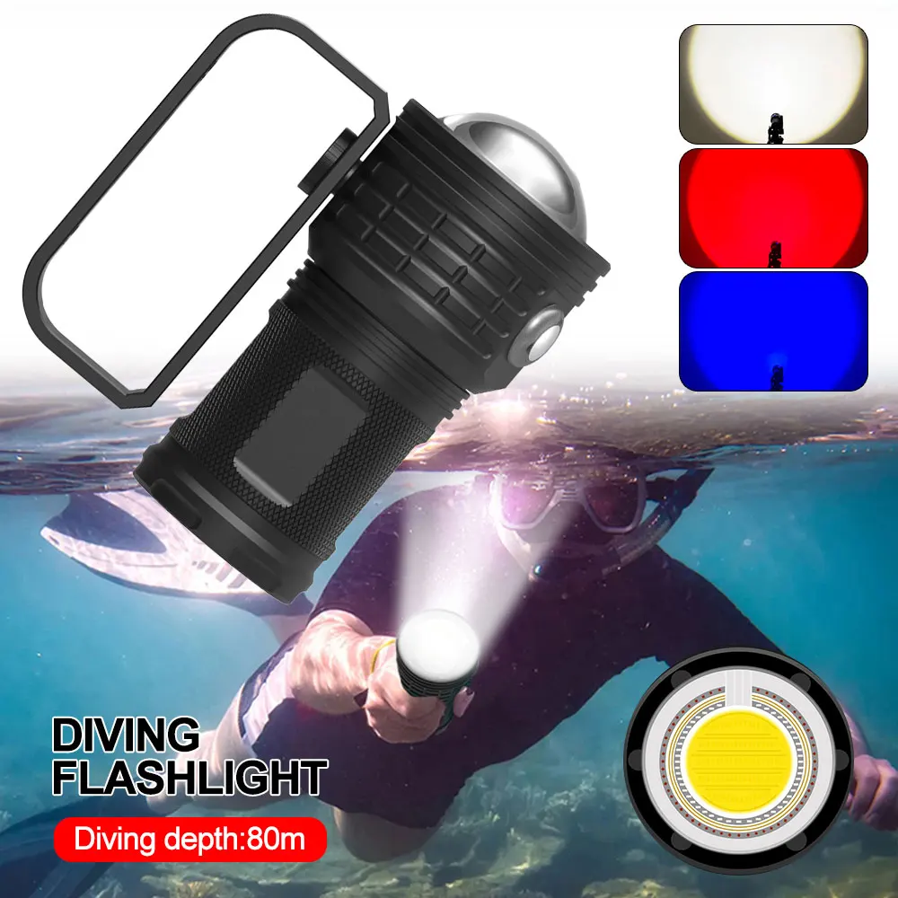 COB LED Lanterna Mergulho, Scuba Lantern Lamp, Fotografia Subaquática, Vídeo Fill Light, Branco Vermelho e Azul, IPX8, 50W, 10000LM, 80m