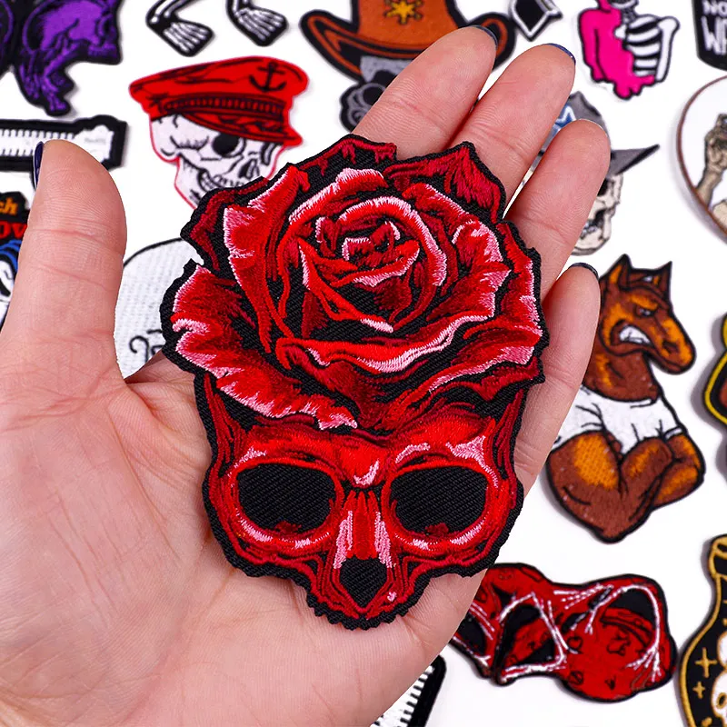 Rose Skull Embroidered Patches On Clothes DIY Punk Animal Applique Iron On Patches For Clothing Hippie Rock Biker Stickers