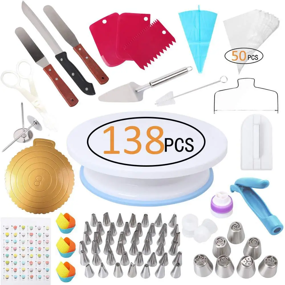 

138-in-1 Cake Decorating Kits Supplies with Rotating Cake Turntable Stand Spatula Cupcake Icing Tips Paper Mat Piping Knife