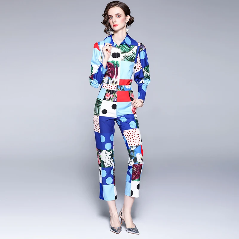 2021 Women\'s New Fashion Summer Runway Two Piece Set Blue Contrast Plaid Print Shirts Tops +Hight Waist Pencil Suits