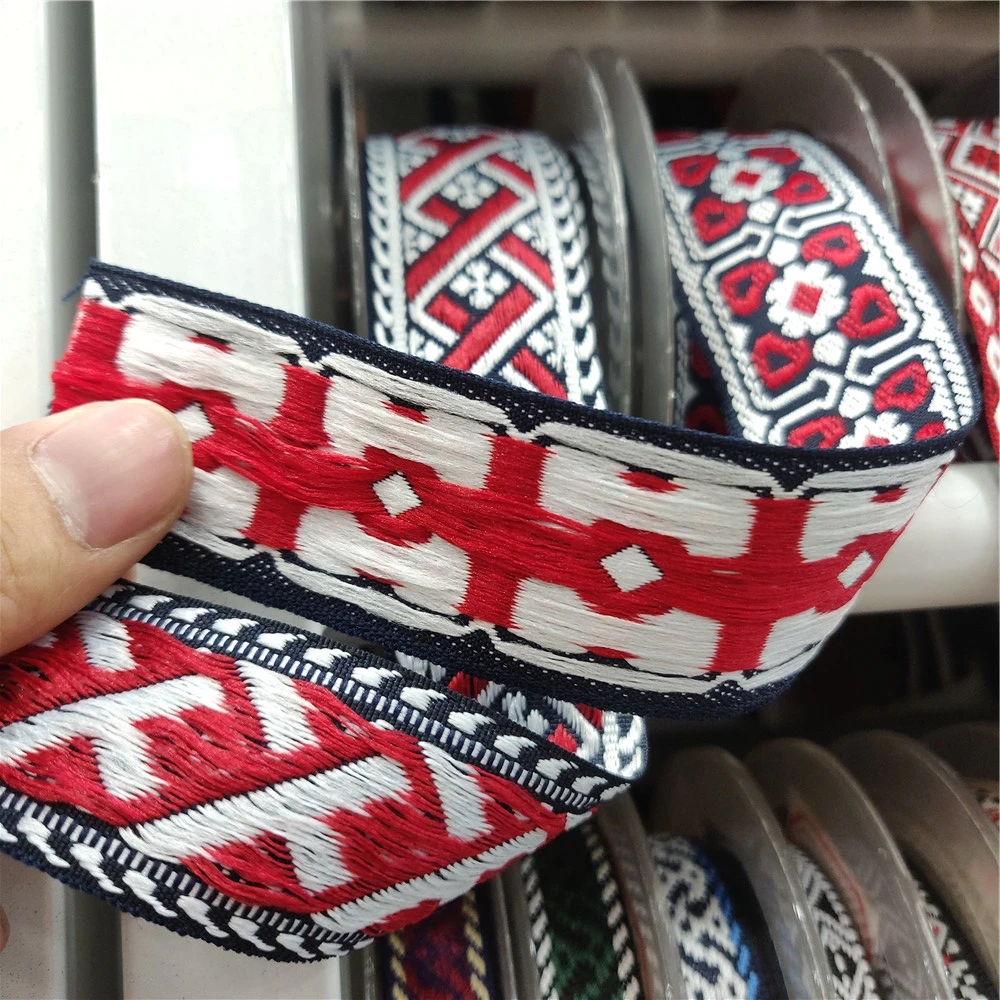 Polyester Cotton Woven Jacquard Webbing 30 mm Width Red Navy White Ethnic Ribbon Tape For Garment Bag Strap Sewing Accessories