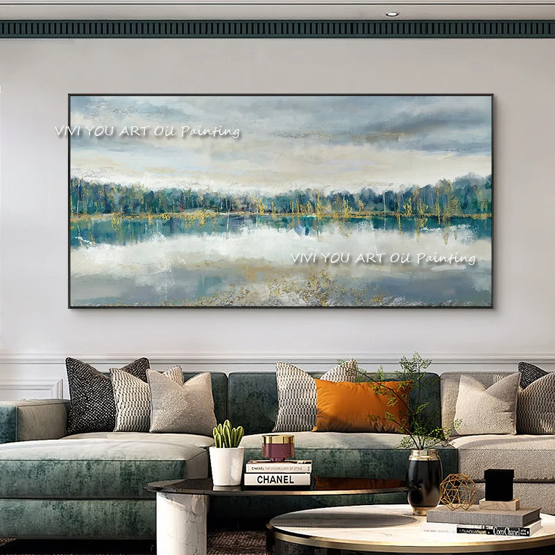 

100% Handmade New Large Oil Painting Modern Abstract Blue Gold Foil Lake Painted By Skill Artist Home Decor For Living Room Gift