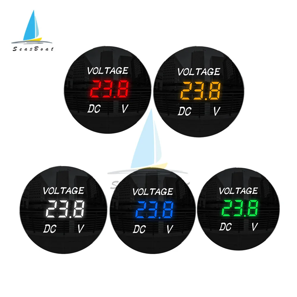 Round Waterproof Auto Boat Car Motorcycle DC5V-48V LED Panel Digital Volt Voltage Meter Tester Monitor Display Voltmeter 12V 24V