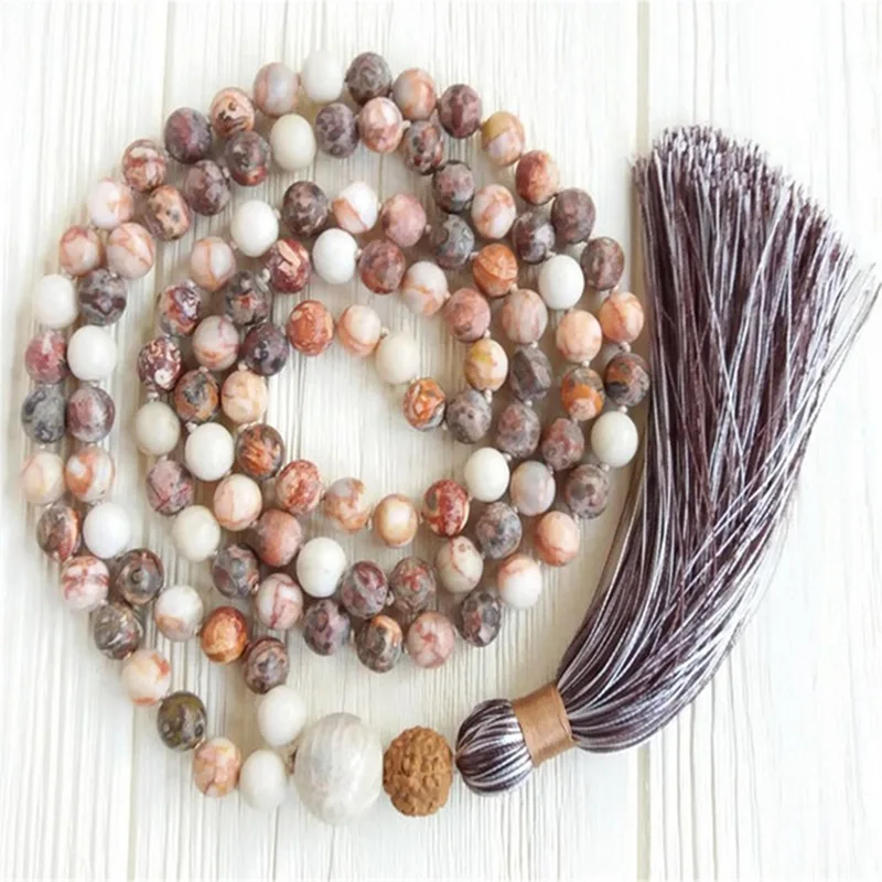 8mm Pattern Jasper Stone 108 Beads Handmade Tassel Necklace Wristband Mala Spiritua Retro Japa Chakra Buddhism Prayer Tibetan
