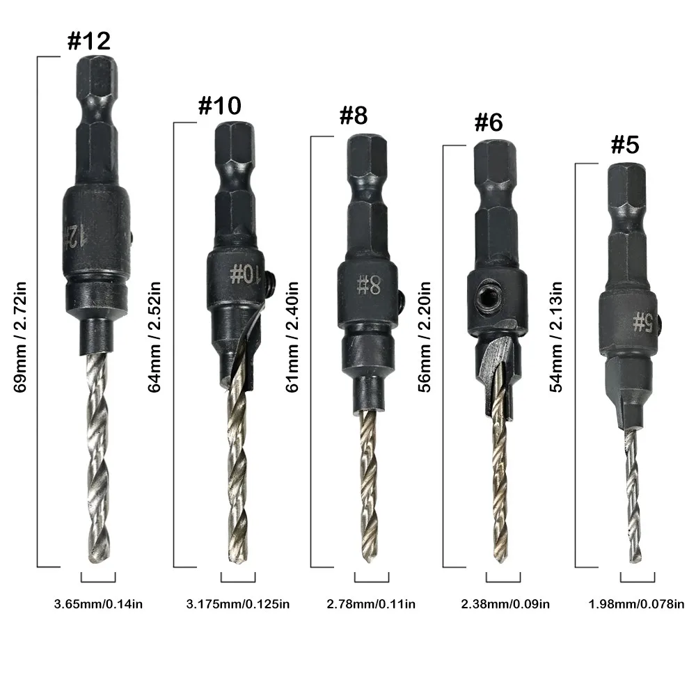 

5pcs HSS Countersink Drill Cone Bit Set 1/4" Hex Shank Quick Change Taper Drill for Woodworking Screw Carpentry Reamer Chamfer M