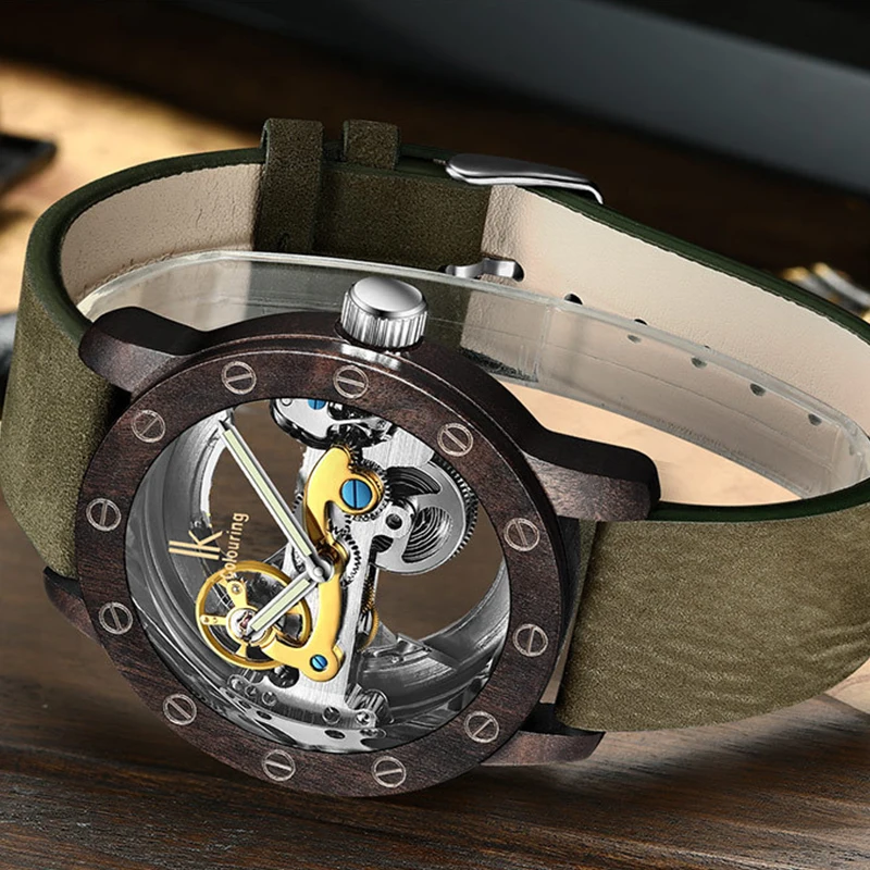 IK Colouring Automatic Watch for Men Mechanical Wristwatches Wood Watch Strap Relogio Masculino Clock