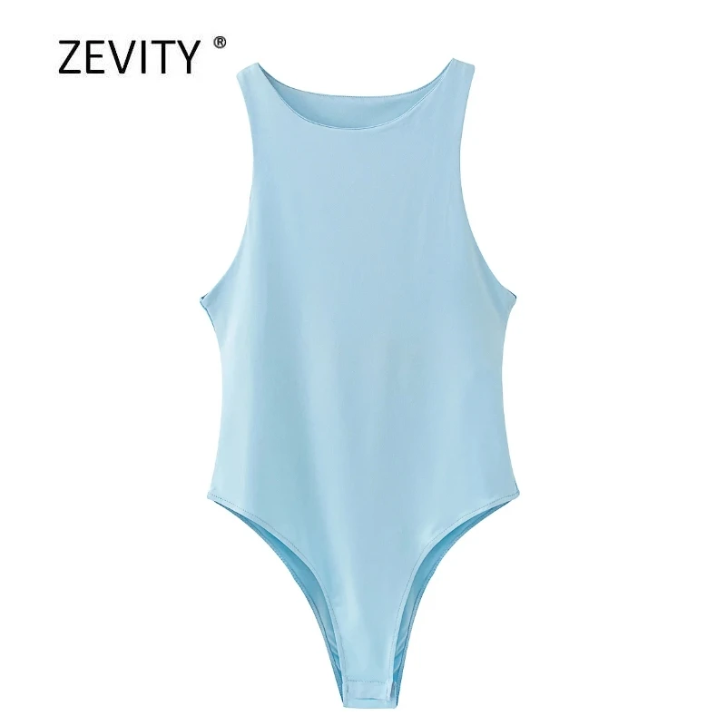 Zevity New Women fashion candy colors slim bodysuits female chic o neck sleeveless vest blouse brand leisure playsuits tops P859