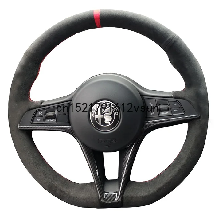 For Alfa Romeo Giulia Stelvio Hand Sewning Car Steering Wheel Cover Black Suede Car Accessories