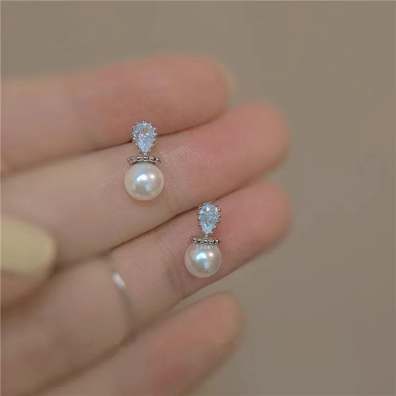 925 Sterling Silver Japanese Water Drop Crystal Pearl Plating 14k Gold Stud Earrings Women Small Fresh Charm Party Jewelry