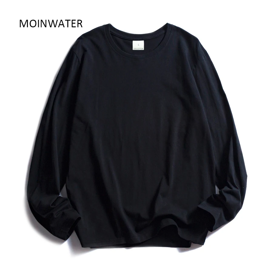 Moinwater-女性用長袖ラウンドネックtシャツ,白い綿の服,女性用の柔らかいカジュアルtシャツ,黒いtシャツ,mlt1901