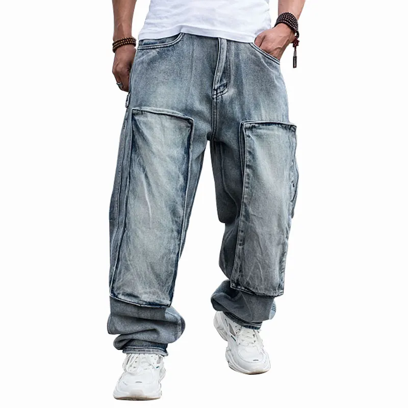 2021 duże rozmiary luźne jeansy męskie spodnie dżinsowe kilka kieszeni proste workowate casualowe w stylu Streetwear hip-hopowe niebieskie spodnie z