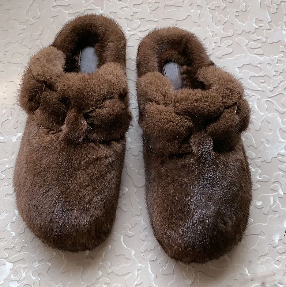 Luxuriöse, bequeme Damen-Slipper aus Naturfell, flache Schuhe, Plüsch-Mules, Sandalen, flauschige Hausschuhe aus echtem Nerzfell für Damen – Detail 3