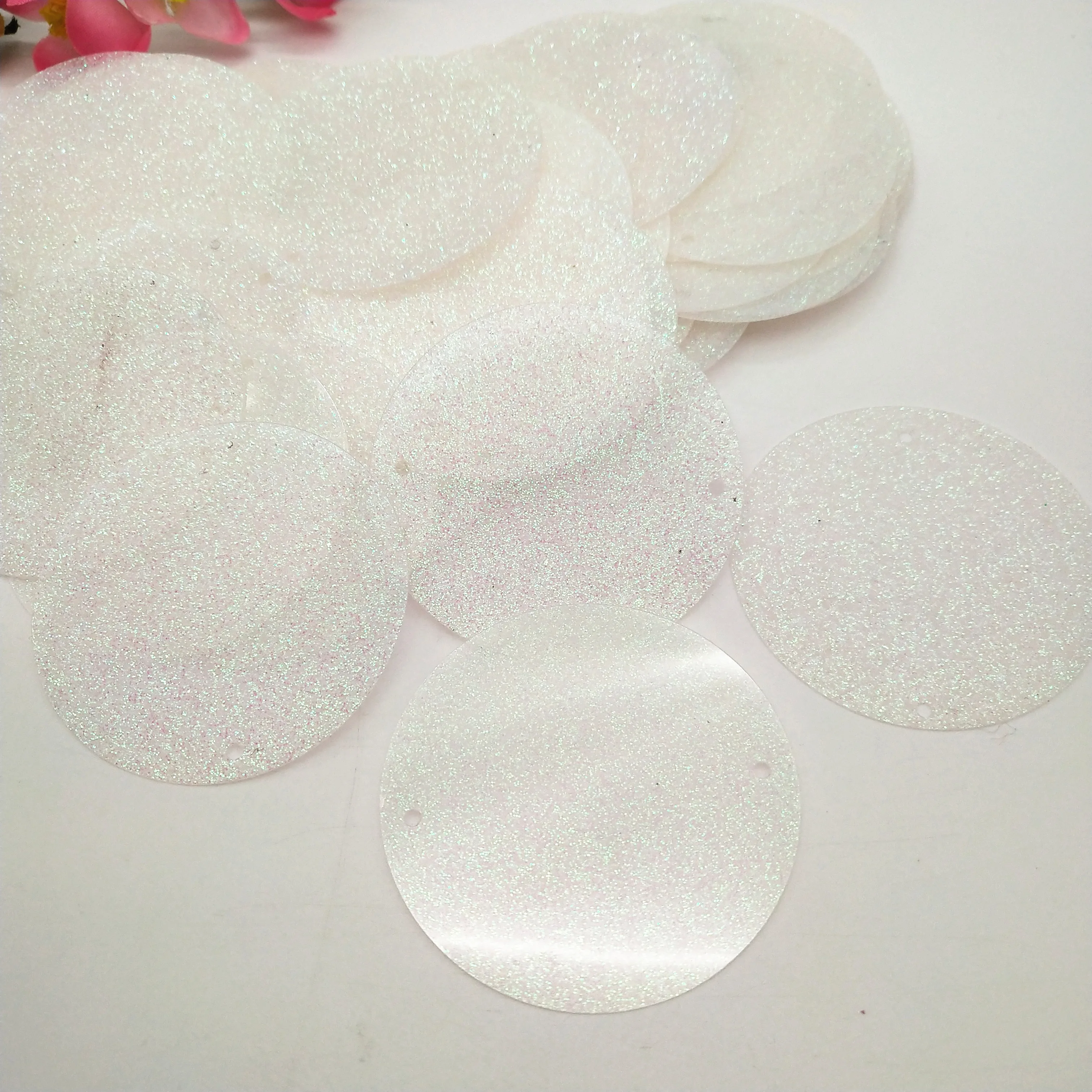 50g Large Round Sequins 50mm PVC Flat Sequins For Crafts Wedding Decoration 2 Side Holes Glitter White