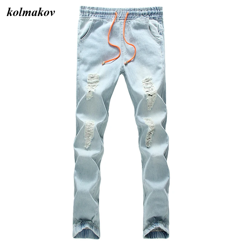 

New Arrival Summer Style Men Boutique Denim Jeans Fashion Casual Elastic Waist Solid Loose Men's Ankel-lenght Pants Trousers