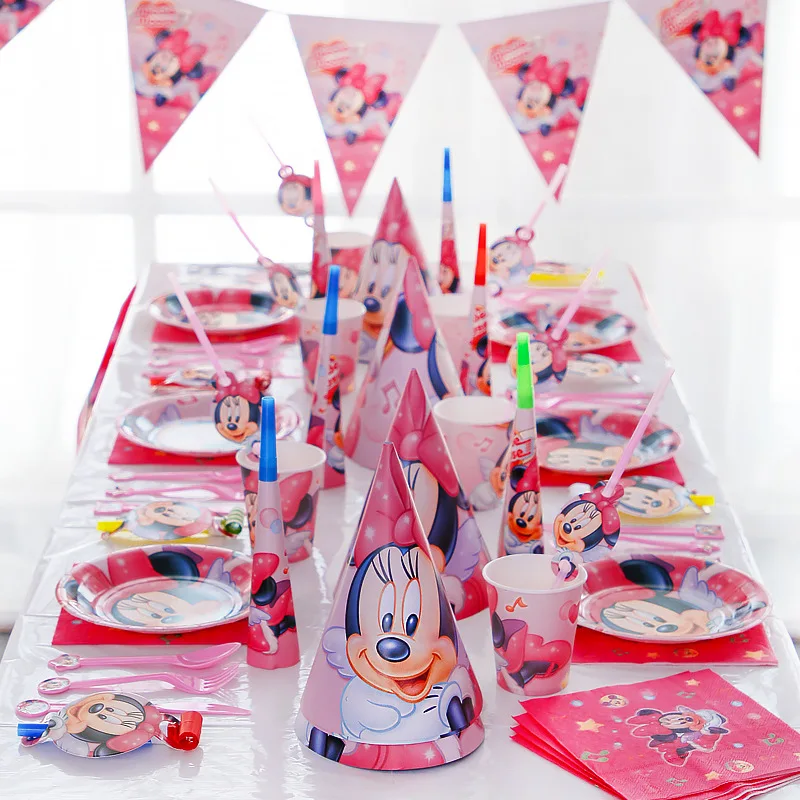 131Pcs Cartoon Red Minnie Mouse Disney Baby Shower Boys Birthday Decoration Wedding Event Party Supplies Tableware Sets For Kids