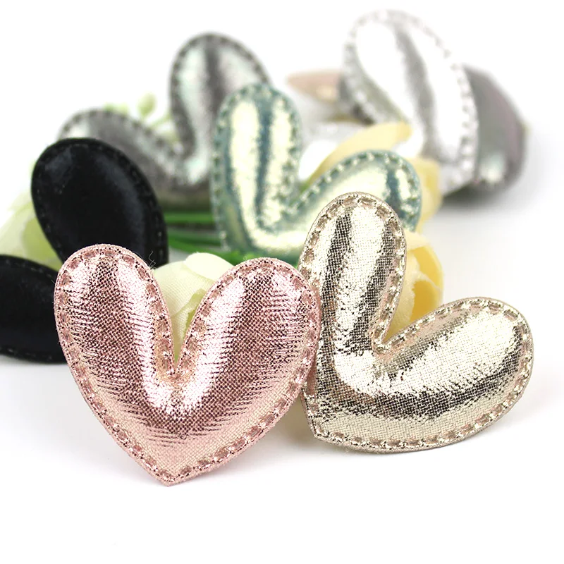 42Pcs 3.5*4cm Shiny PU Leather Heart Padded Appliques For DIY Hair Clips Headwear Gifts Crafts Decoration Clothing Accessories