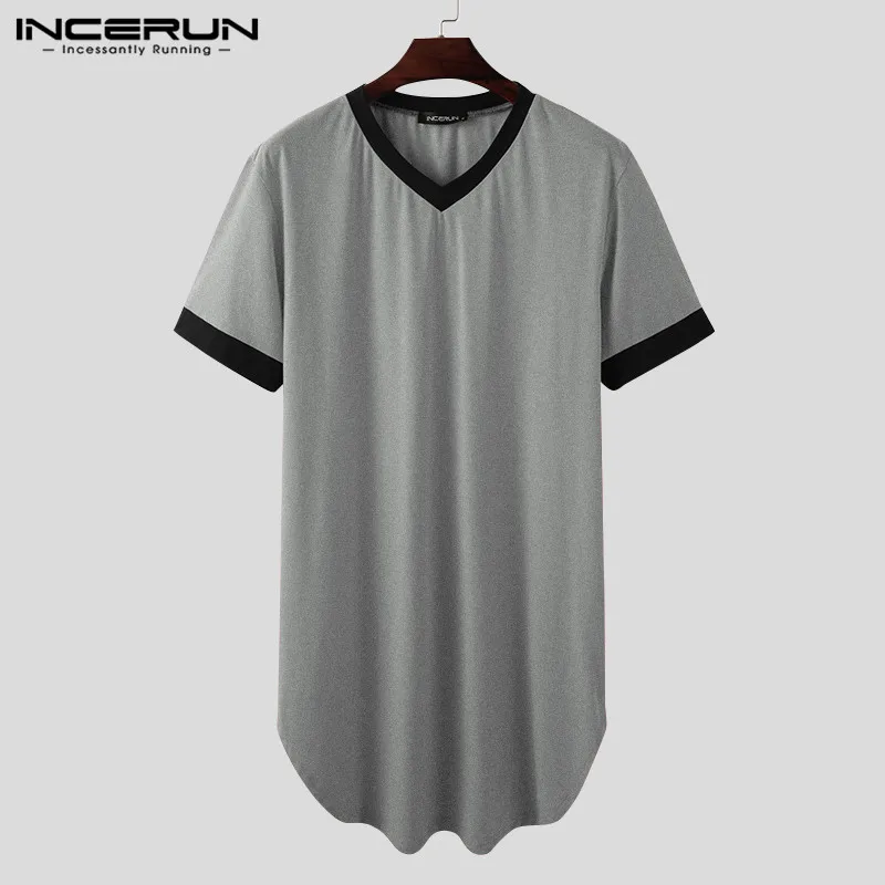 Men Nightgown Sleep Robes Short Sleeve V Neck Loose Comfortable Homewear Patchwork Dressing Gown Men Bathrobes Plus Size INCERUN