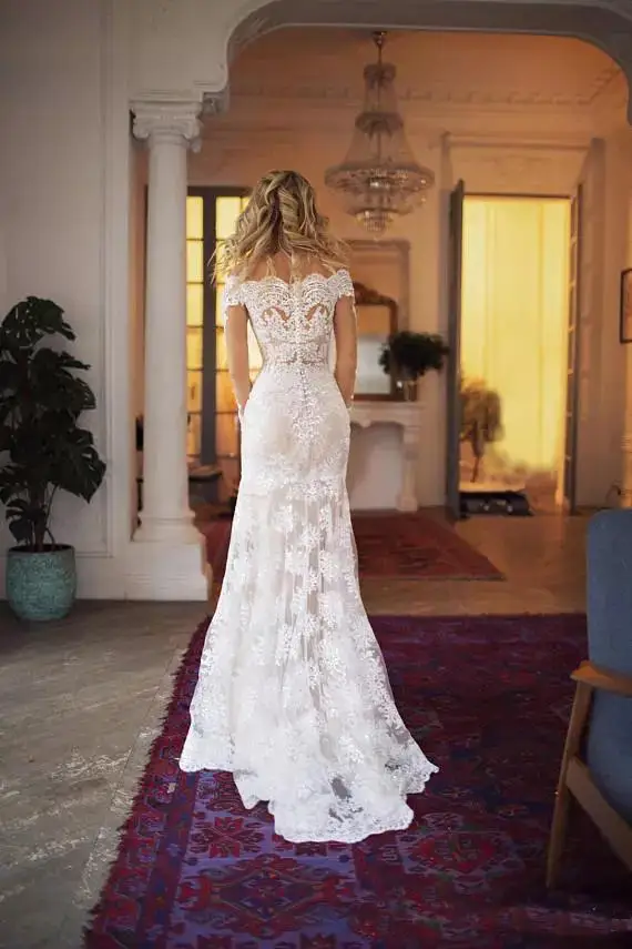 2019 abnehmbare Zug Spitze Brautkleider Mermaid Off Schulter Lange Hülse Plus Größe Boho Brautkleider vestidos de noiva