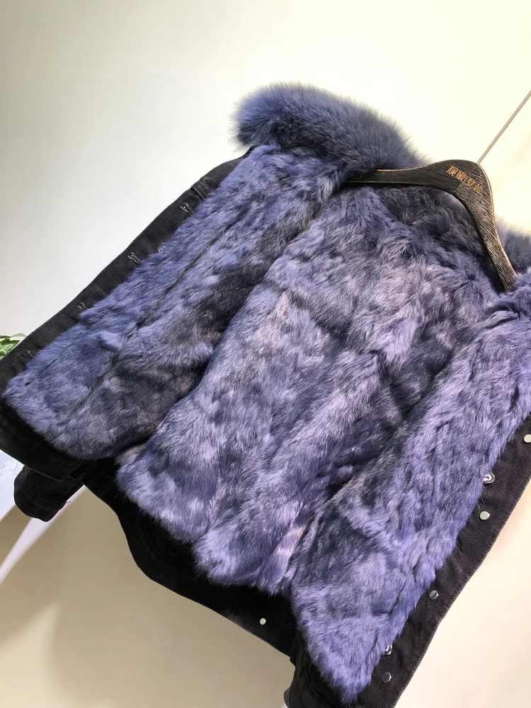 Winter Fashion Warm Natural Fox Fur Collar coat + Real Rabbit Hair Liner Denim Jacket Female beading Thick Real Fur Outwear F703