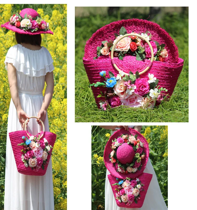 Summer Holiday Vacation Casual Bohemia Tote and Hat Colorful Flower Wave Raffia Rattan Handbag Women Fashion Straw Beach Bag