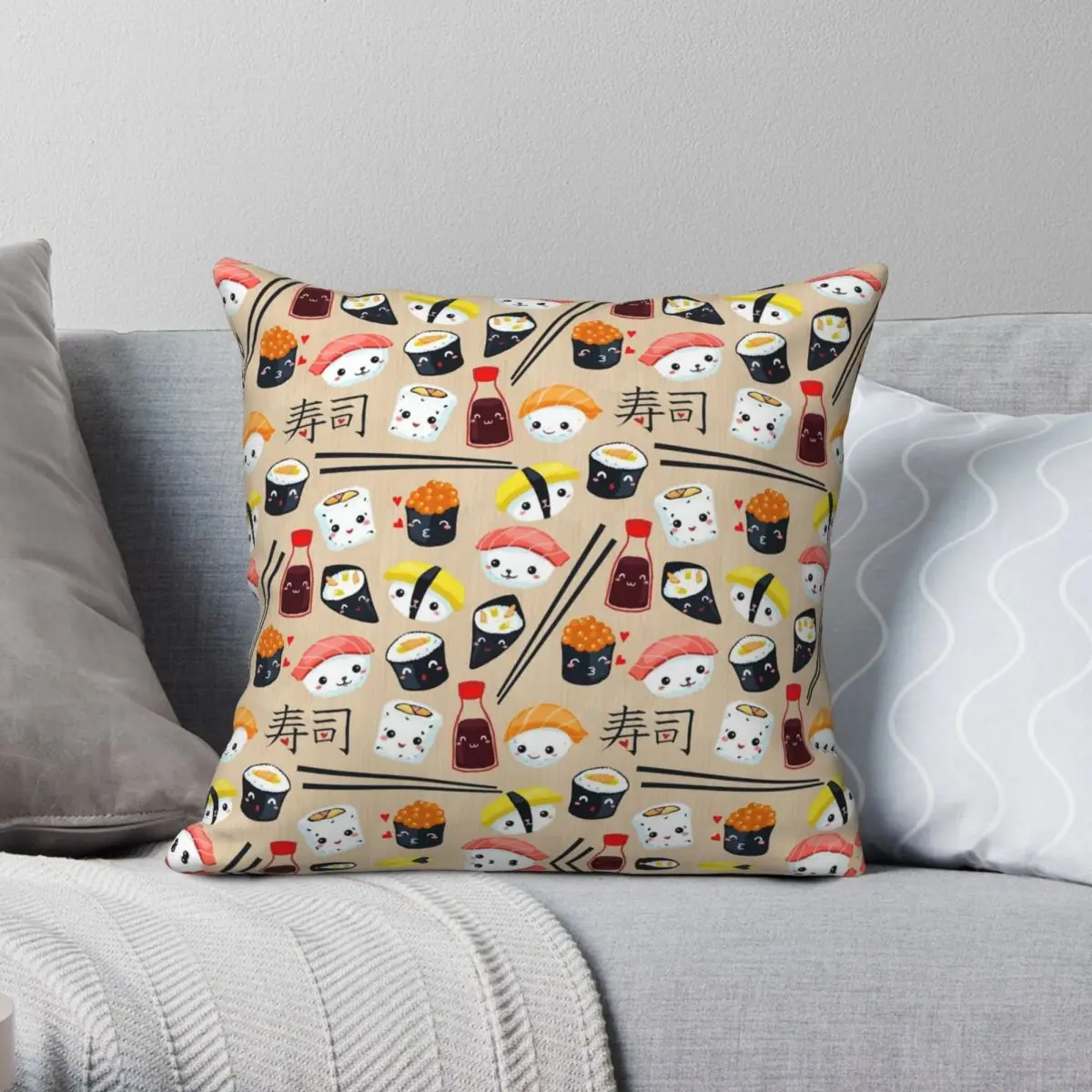 Kawaii Sushi Square Pillowcase Polyester Linen Velvet Printed Zip Decor Pillow Case Sofa Cushion Cover