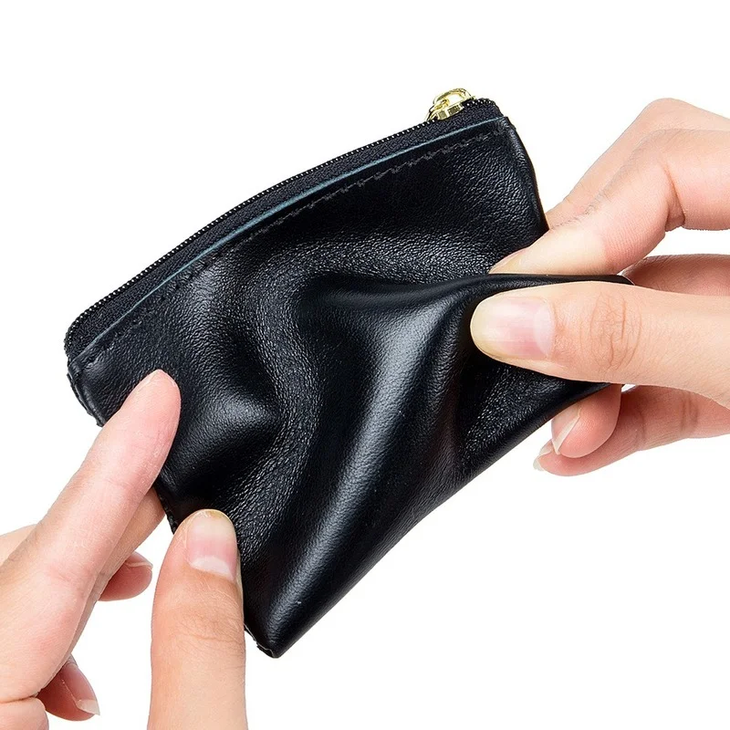 Genuine Leather Coin Bag for Men Ultra Thin Zipper Mini Pocket Change Wallet Women Purse with Key Chain Ring Wholesale Purses