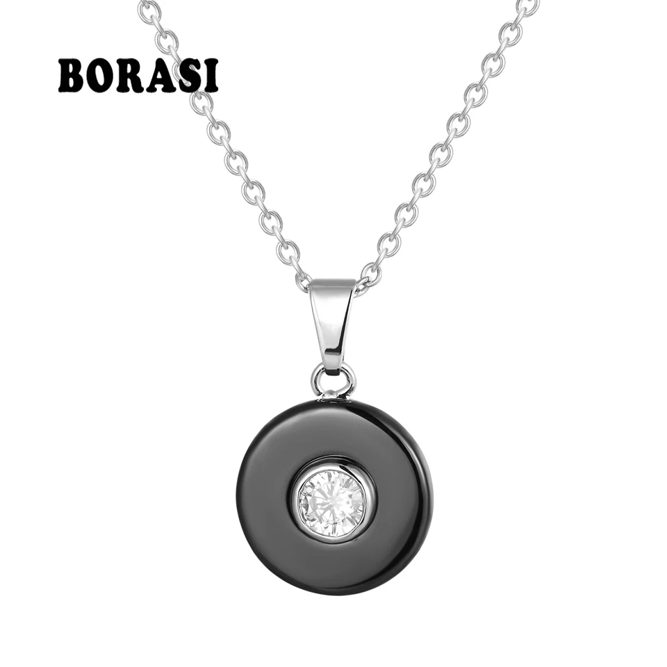 New Circle Round Pendant Necklace Plus Big Crystal CZ for Women Stainless Steel Chain Romantic Ceramic Women Necklace Jewelry