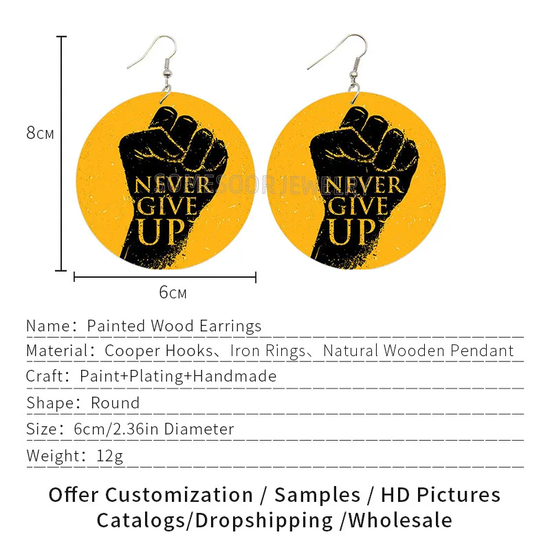 SOMESOOR Never Give Up Black Sayings Printed Wooden Drop Earrings Power Fist Designs Melanin Lives Matters Photos Woman Jewelry