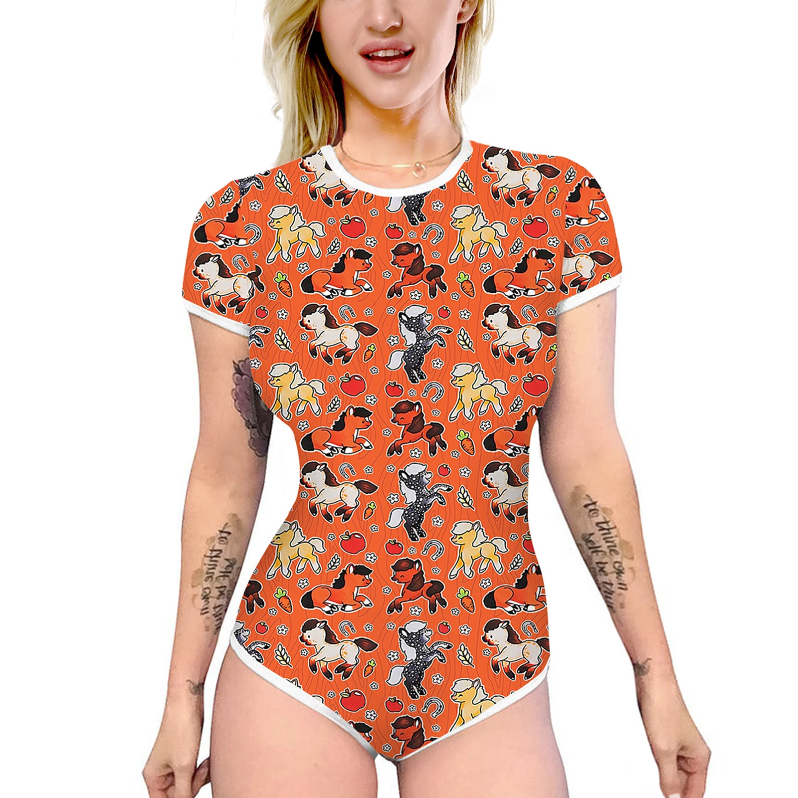 Women Summer Casual Slim Rompers Adults Cartoon Print Short Sleeve Round Neck High Waist Playsuits Home Sleepwear