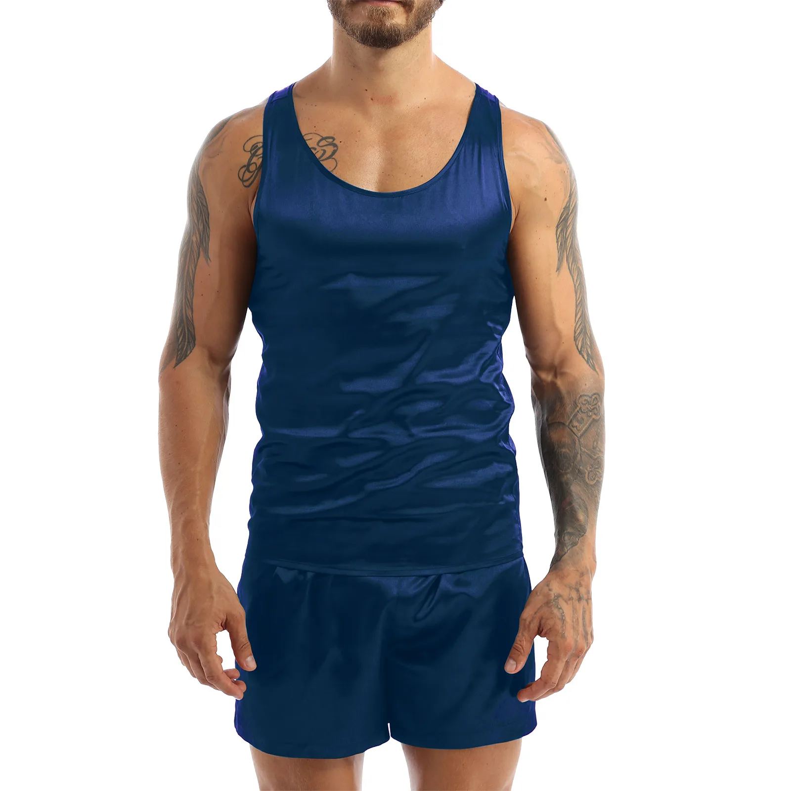 Men Satin Underwear Pajamas Nightwear Sleeveless Tank Top Shorts Sleepwear Nightclothes Summer Nightgown Loungewear Nightwear