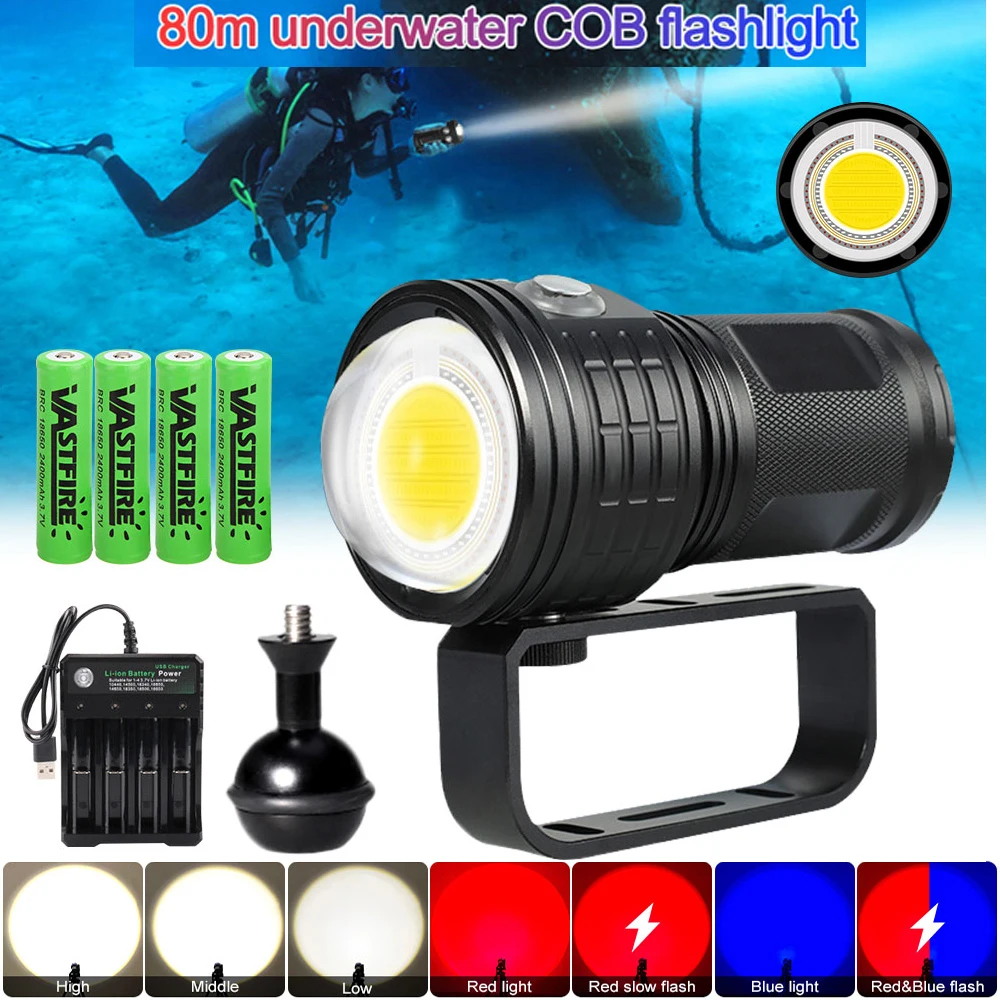 COB LED Lanterna Mergulho, Scuba Lantern Lamp, Fotografia Subaquática, Vídeo Fill Light, Branco Vermelho e Azul, IPX8, 50W, 10000LM, 80m