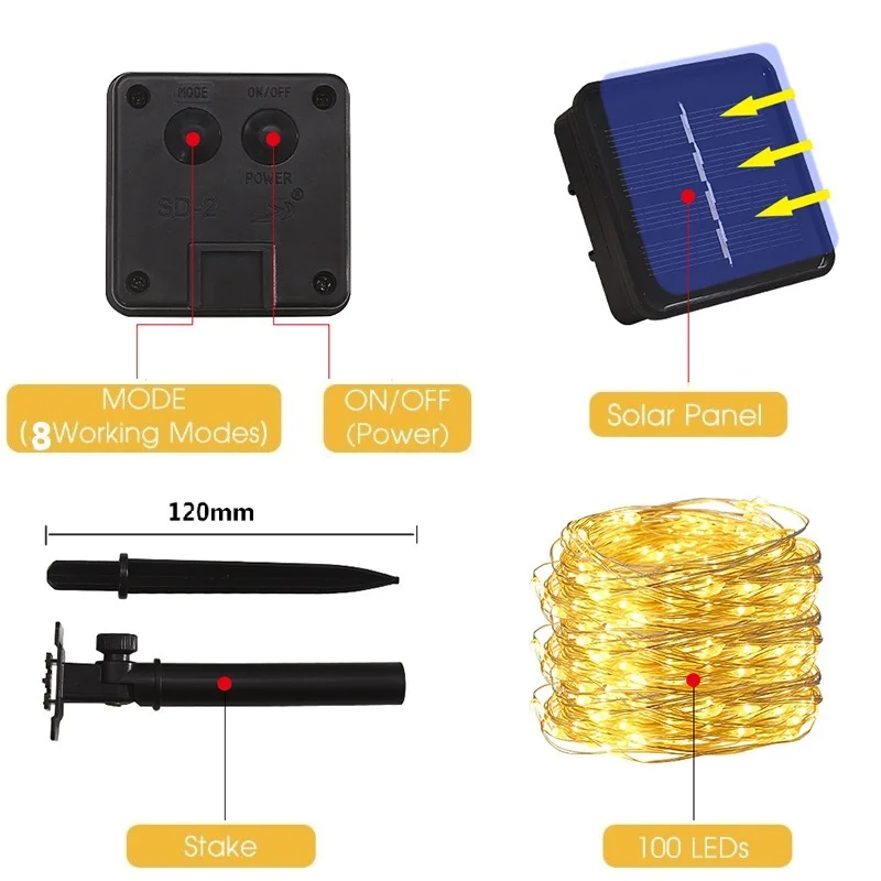 Guirnalda de luces solares para exteriores, lámpara de energía Solar impermeable para decoración de jardín, 12m, 100LED/5M, 50 LED