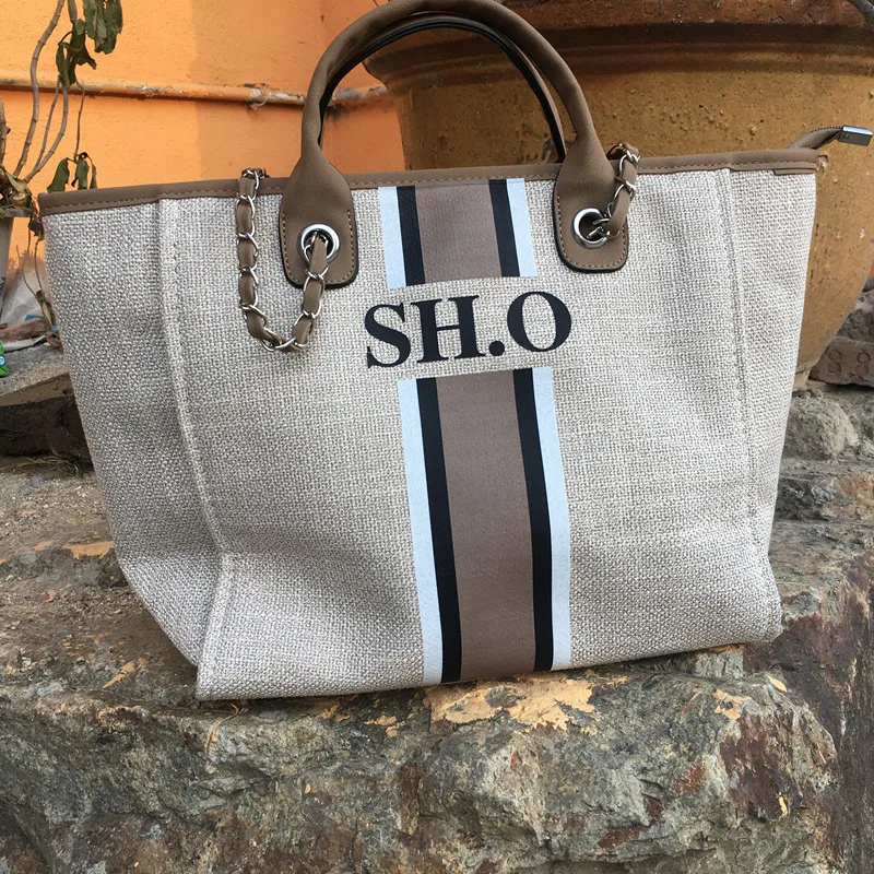 Custom Fashion Monogrammed Canvas and Leather Travel Tote Bags, Custom striped with initials Mommy Shopping Jute Beach Tote Bag