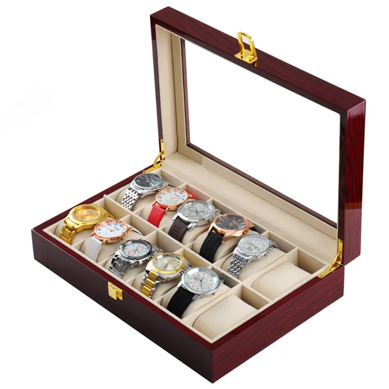 

12 Slots Wood Watch Boxes Case Red High Light Lacquer Watch Storage Box New Watch Display Gift Case