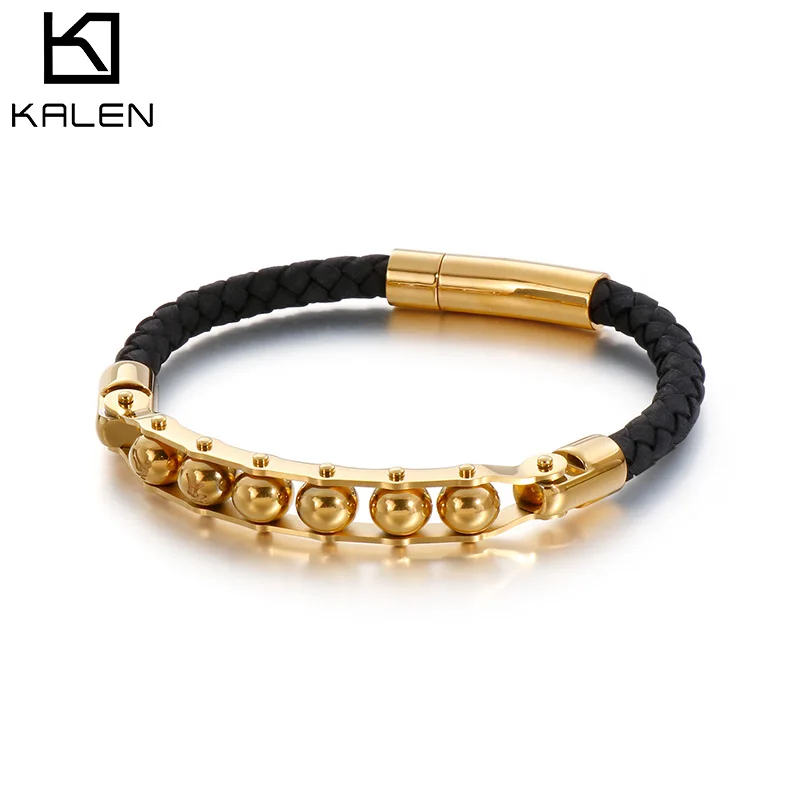 KALEN Vintage Men's Bracelets 215MM Stainless Steel Beads Cowhide Leather Bangles Bracelets For Men Spring Clasp Esposas Jewelry