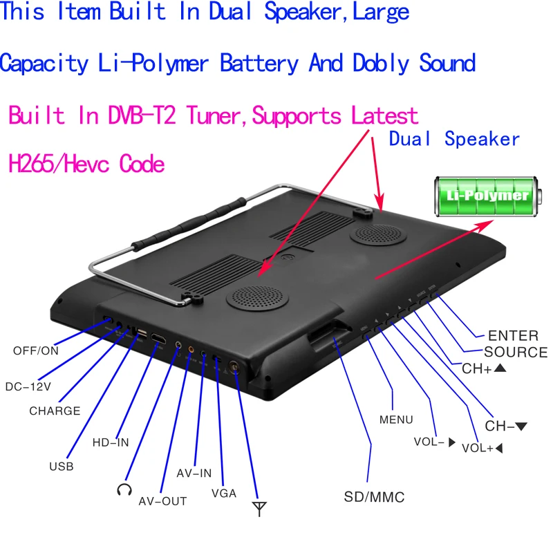 Rechargeable LEADSTAR D14 14 inch Portable Mini TV Built in DVB-T2 ISDBT ATSC Decoder Digital Tuner DVB T2/H265/Hevc/Dolby AC3