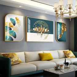 Modern Minimalist Living Room Decoration Painting Sofa Background Wall Painting Three Photo Frames Crystal Porcelain Mural