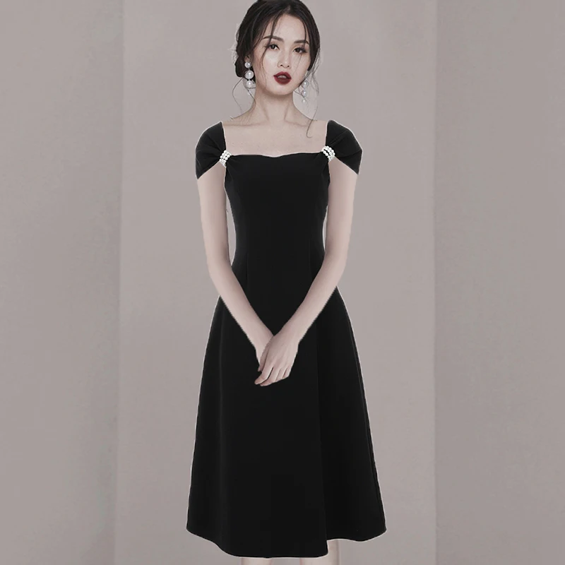High Quality Autumn France Black Long Dress New Runway Women Square Collar Pearls Beaded Short Sleeve Slim Waist Party Vestidos