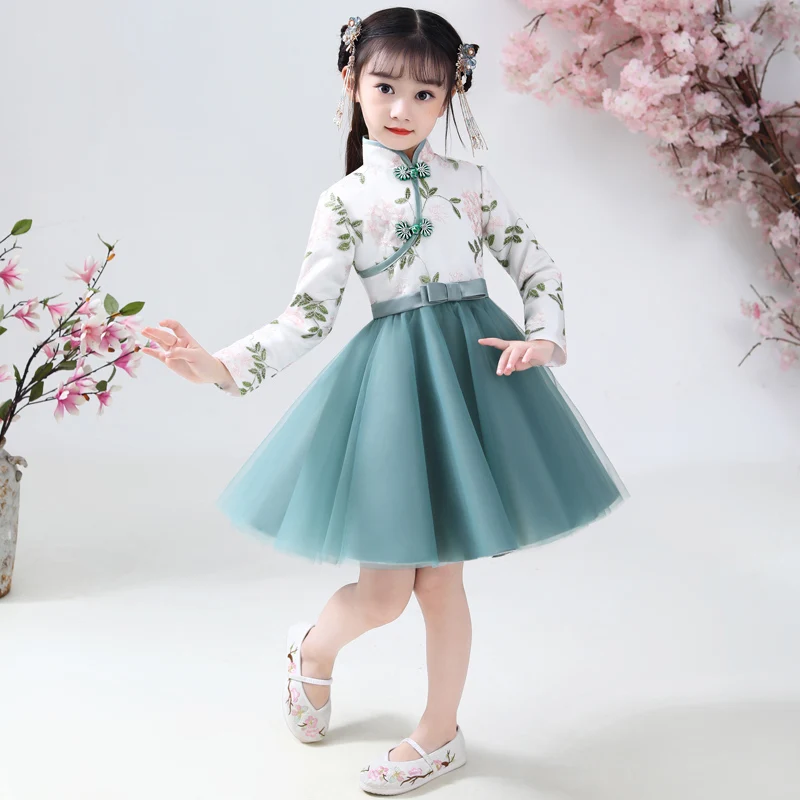 Girls Cheongsam Dress Chinese Hafu Kids Dresses  Baby Traditional Chinese Flower Girl Dress Wedding Garments New Year Dress