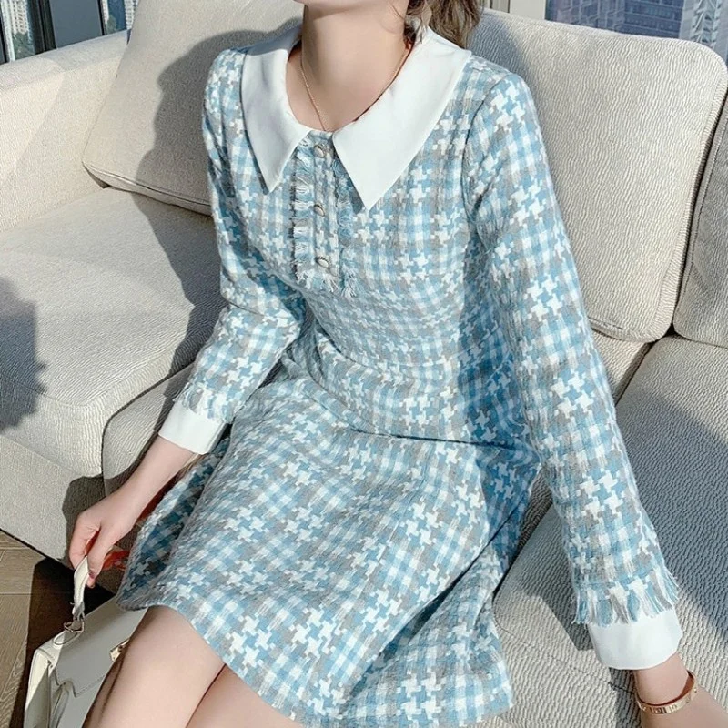 

Winter Autumn Office Lady Elegant Pullover A-Line Dress Lapel Tassel Women Fit High Waist Long-Sleeve Blue Plaid Short Dress